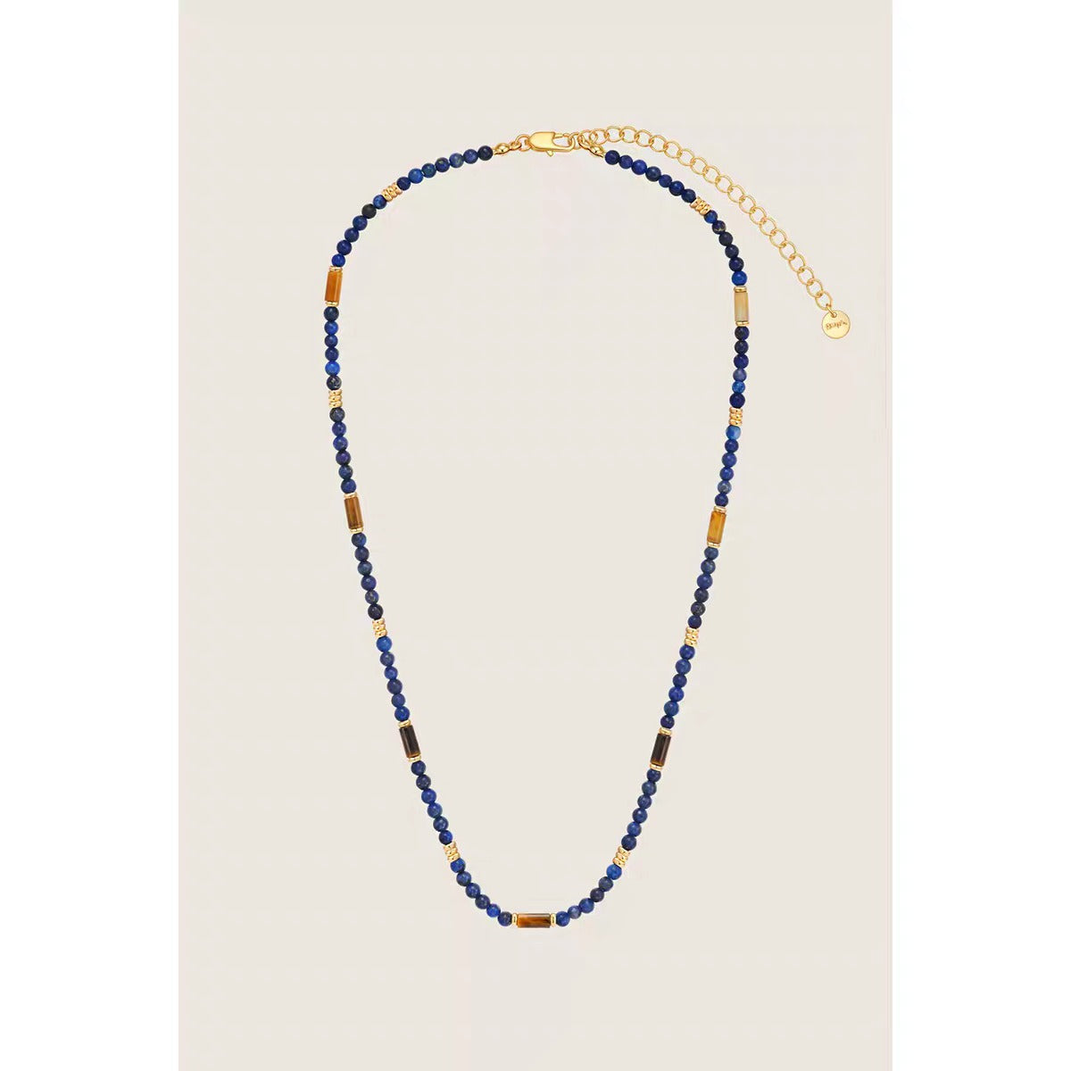 Caivera Gold Plated Brass Double Layer Necklace Set – Blue Beads and Brown Wood Pendant