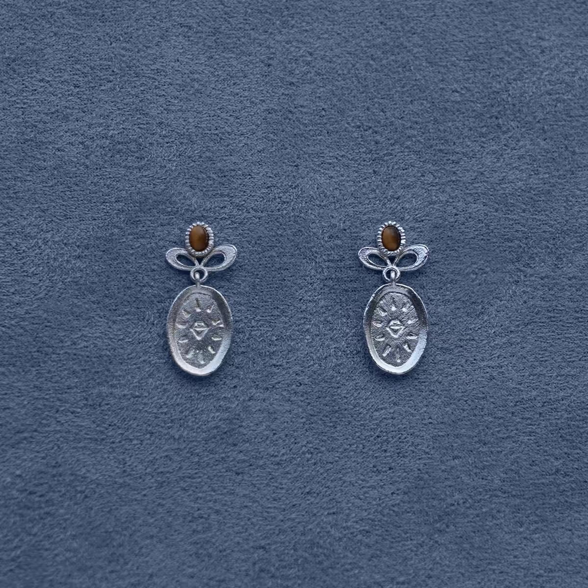 Caivera Silver Plated Brass Oval Drop Earrings – Engraved Medal, 0.8 x 0.4 inch