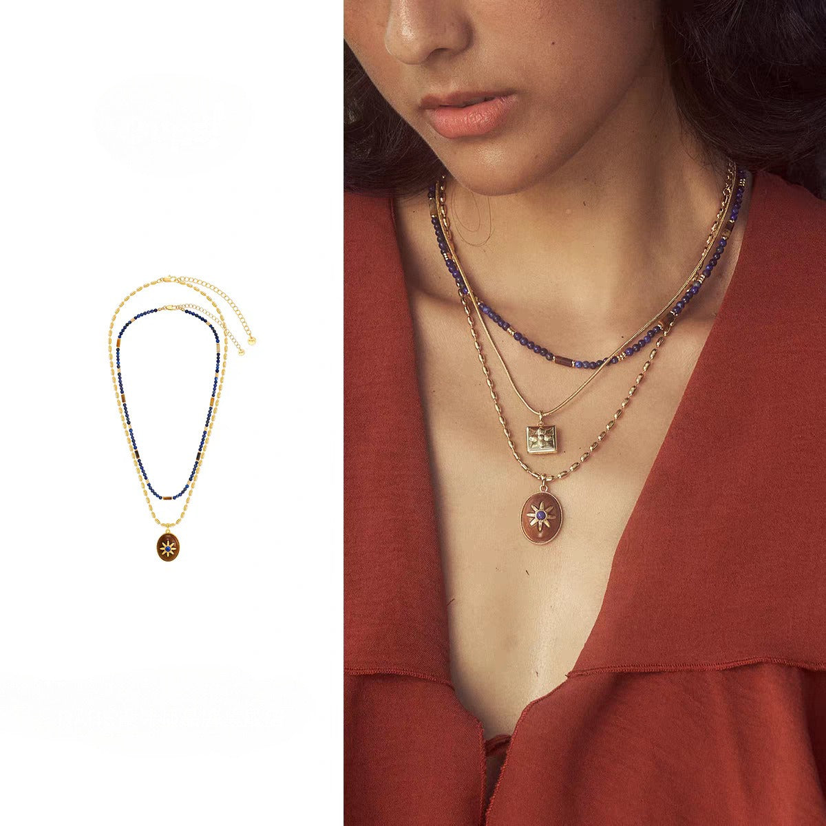 Caivera Gold Plated Brass Double Layer Necklace Set – Blue Beads and Brown Wood Pendant