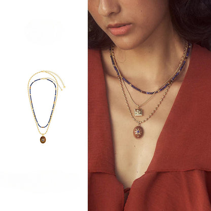 Caivera Gold Plated Brass Double Layer Necklace Set – Blue Beads and Brown Wood Pendant