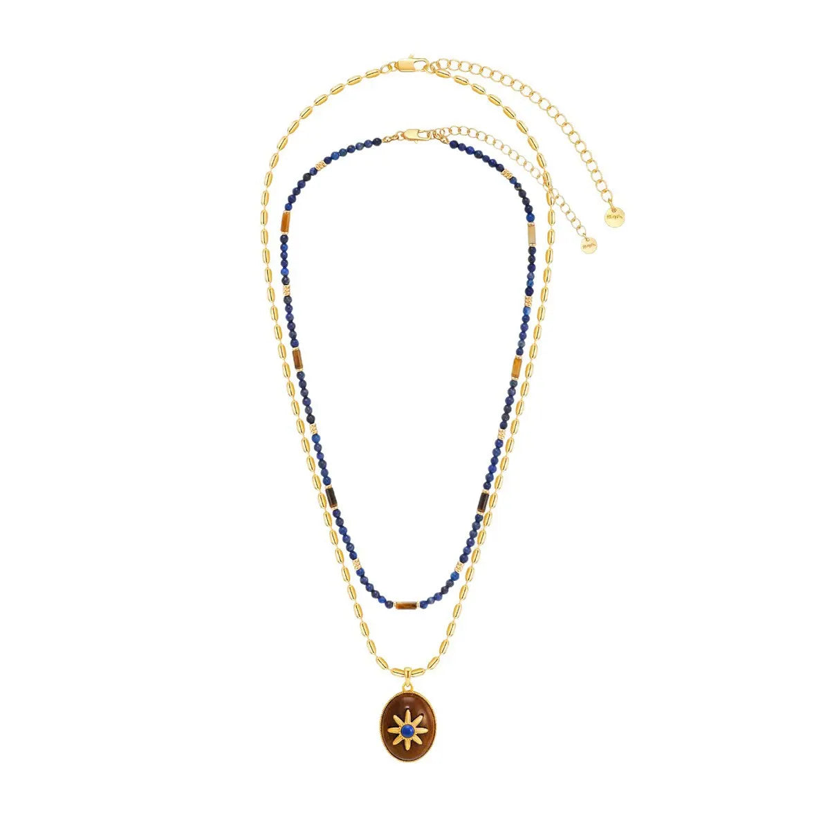 Caivera Gold Plated Brass Double Layer Necklace Set – Blue Beads and Brown Wood Pendant