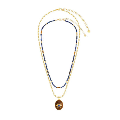 Caivera Gold Plated Brass Double Layer Necklace Set – Blue Beads and Brown Wood Pendant