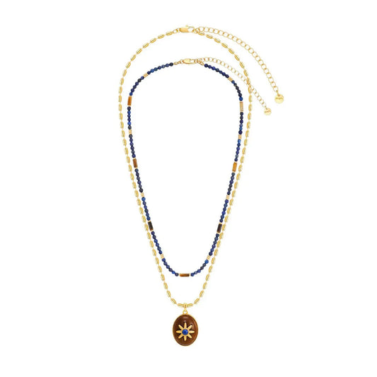 Caivera Gold Plated Brass Double Layer Necklace Set – Blue Beads and Brown Wood Pendant