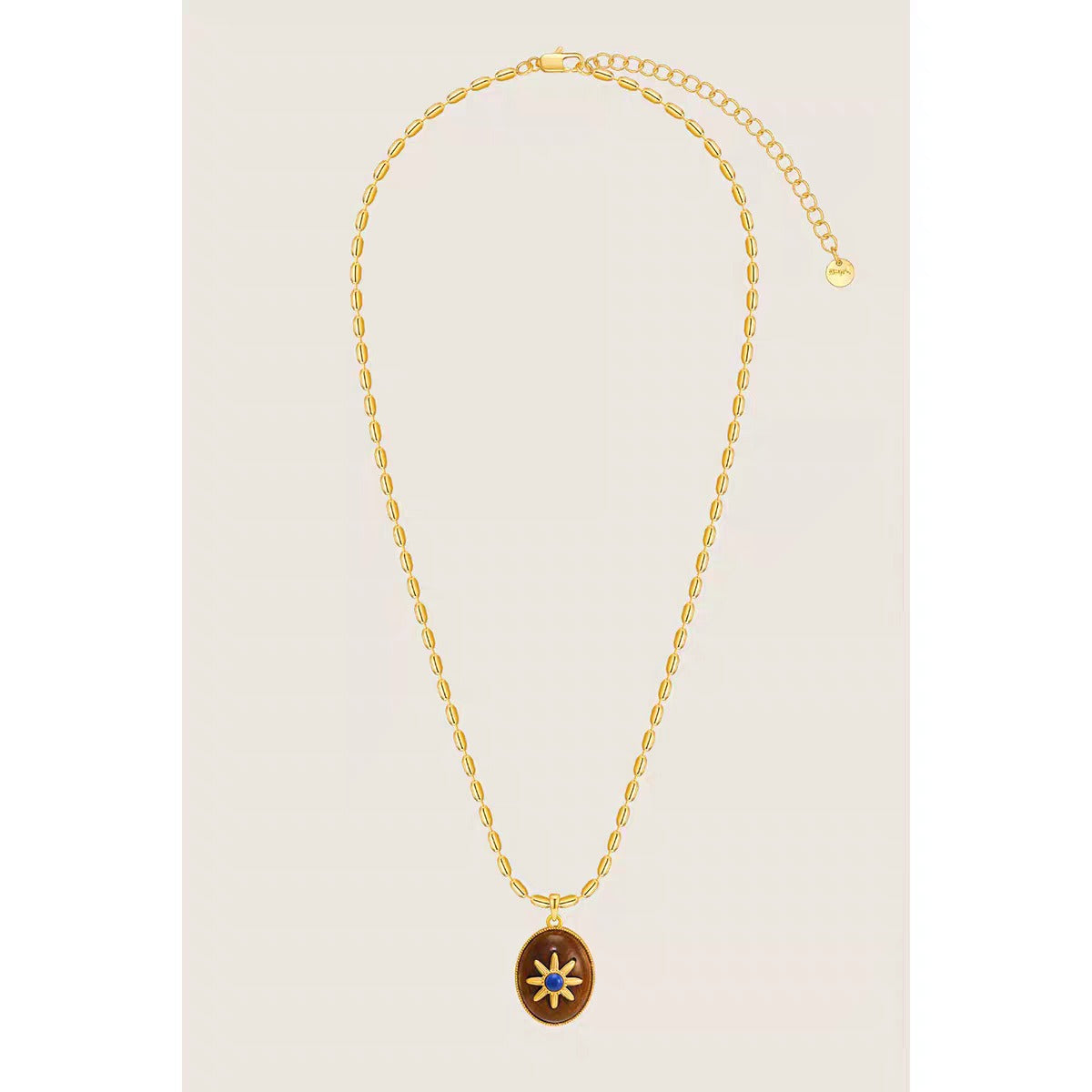 Caivera Gold Plated Brass Double Layer Necklace Set – Blue Beads and Brown Wood Pendant