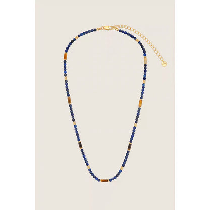 Caivera Gold Plated Brass Double Layer Necklace Set – Blue Beads and Brown Wood Pendant