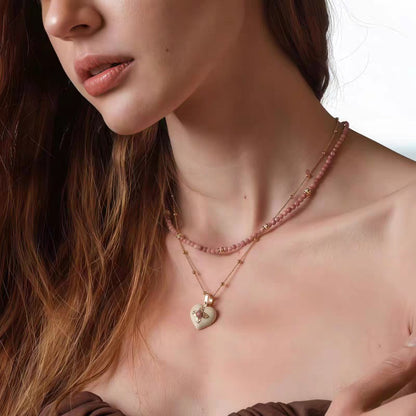 Caivera Gold Plated Brass Double Layer Heart Necklace – Pink Beads, 16 inch + 3 inch Extender