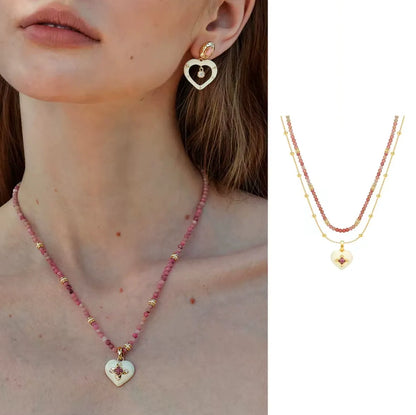 Caivera Gold Plated Brass Double Layer Heart Necklace – Pink Beads, 16 inch + 3 inch Extender