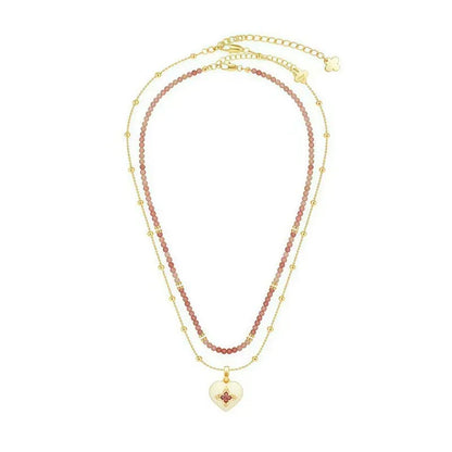 Caivera Gold Plated Brass Double Layer Heart Necklace – Pink Beads, 16 inch + 3 inch Extender