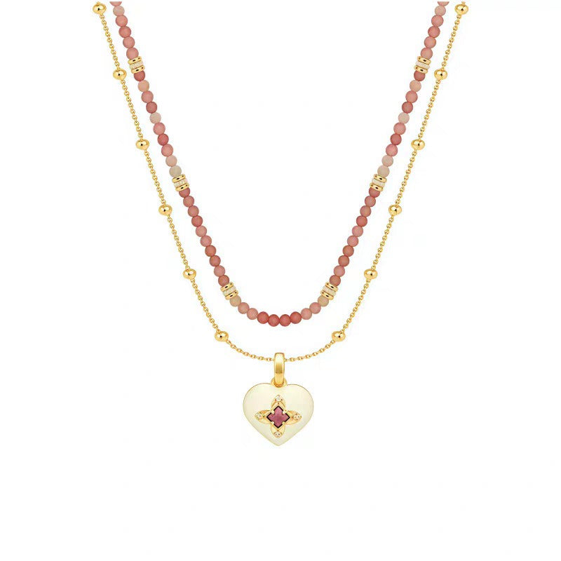 Caivera Gold Plated Brass Double Layer Heart Necklace – Pink Beads, 16 inch + 3 inch Extender