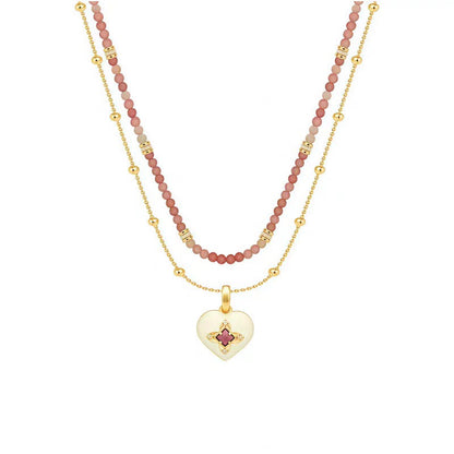 Caivera Gold Plated Brass Double Layer Heart Necklace – Pink Beads, 16 inch + 3 inch Extender