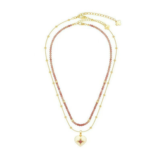 Caivera Gold Plated Brass Double Layer Heart Necklace – Pink Beads, 16 inch + 3 inch Extender