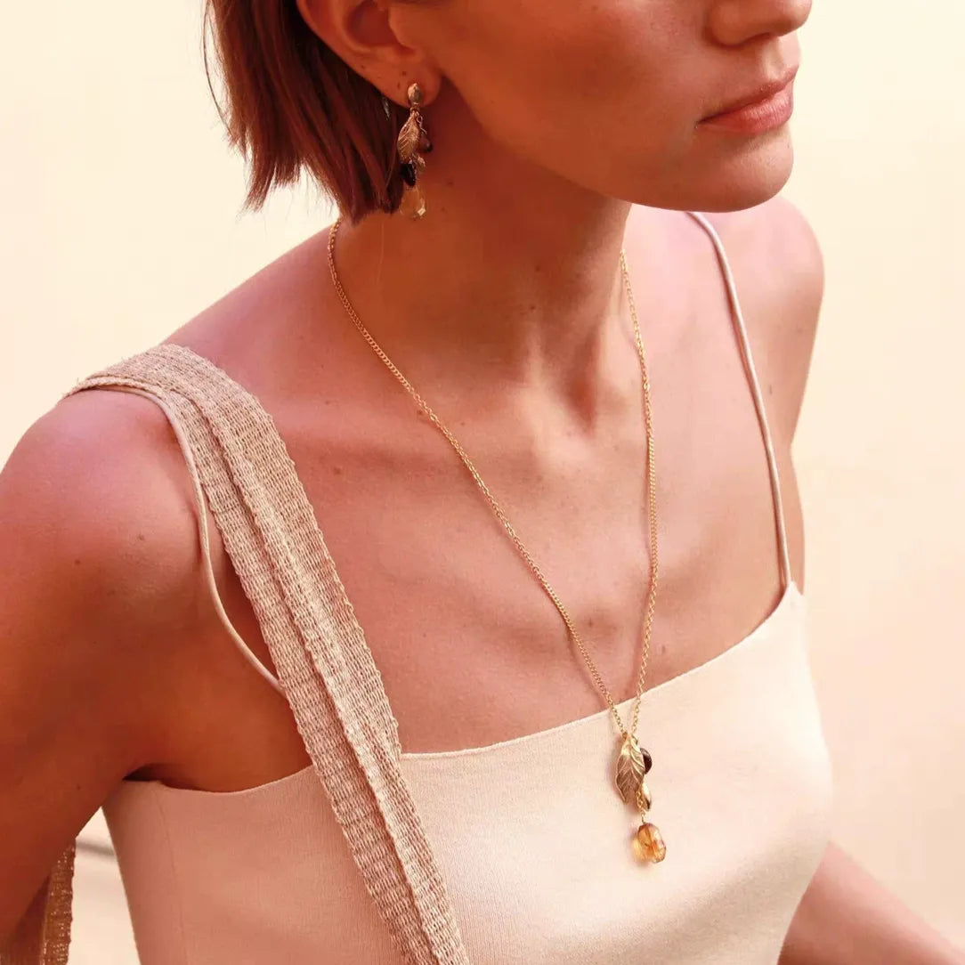 Caivera Gold Plated Brass Leaf Charm Necklace – Mixed Bead Drops, 22 inch + 3 inch Extender, Lobster Clasp