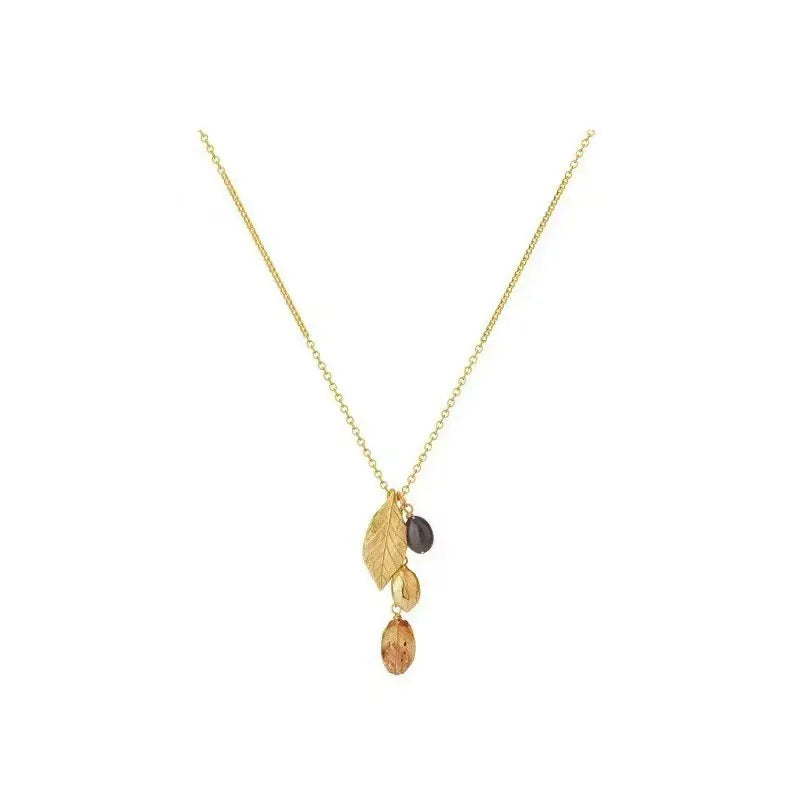 Caivera Gold Plated Brass Leaf Charm Necklace – Mixed Bead Drops, 22 inch + 3 inch Extender, Lobster Clasp