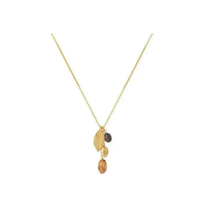 Caivera Gold Plated Brass Leaf Charm Necklace – Mixed Bead Drops, 22 inch + 3 inch Extender, Lobster Clasp