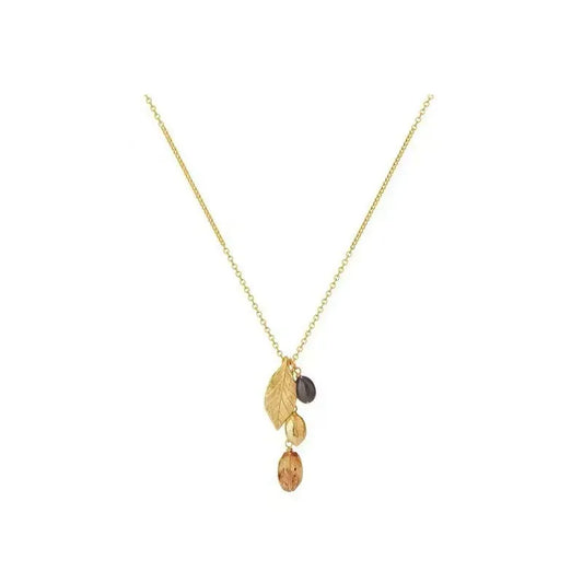 Caivera Gold Plated Brass Leaf Charm Necklace – Mixed Bead Drops, 22 inch + 3 inch Extender, Lobster Clasp