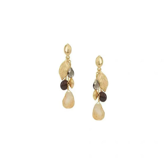 Caivera Gold Plated Brass Leaf Drop Earrings – Mixed Bead Dangles, 2.05 inch, Butterfly Backs