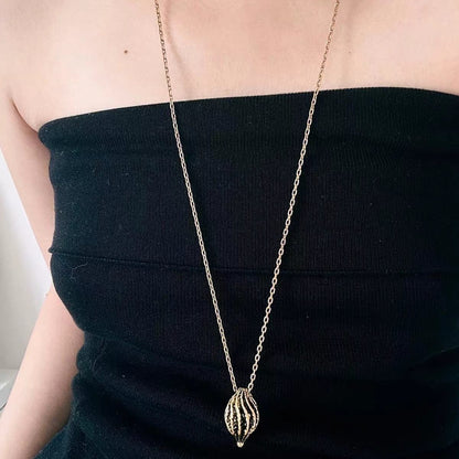 Caivera Gold Plated Brass Long Pendant Necklace – Ribbed Oval Pendant, 31 inch