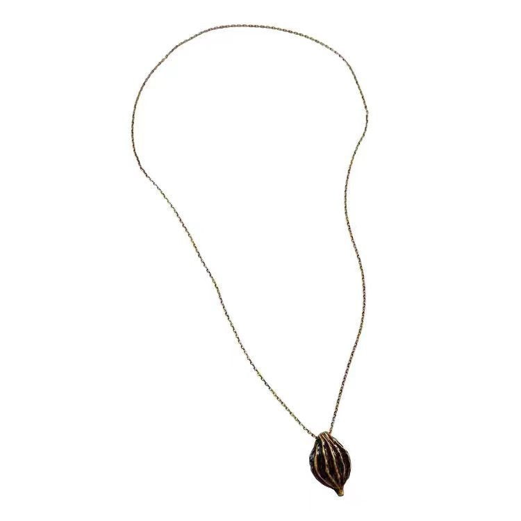 Caivera Gold Plated Brass Long Pendant Necklace – Ribbed Oval Pendant, 31 inch