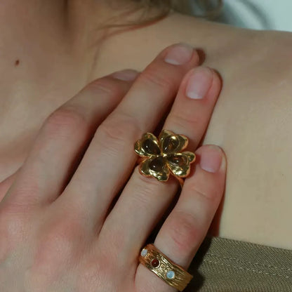 Caivera Gold Plated Brass Ring Set – Clover Ring and Cuff Ring