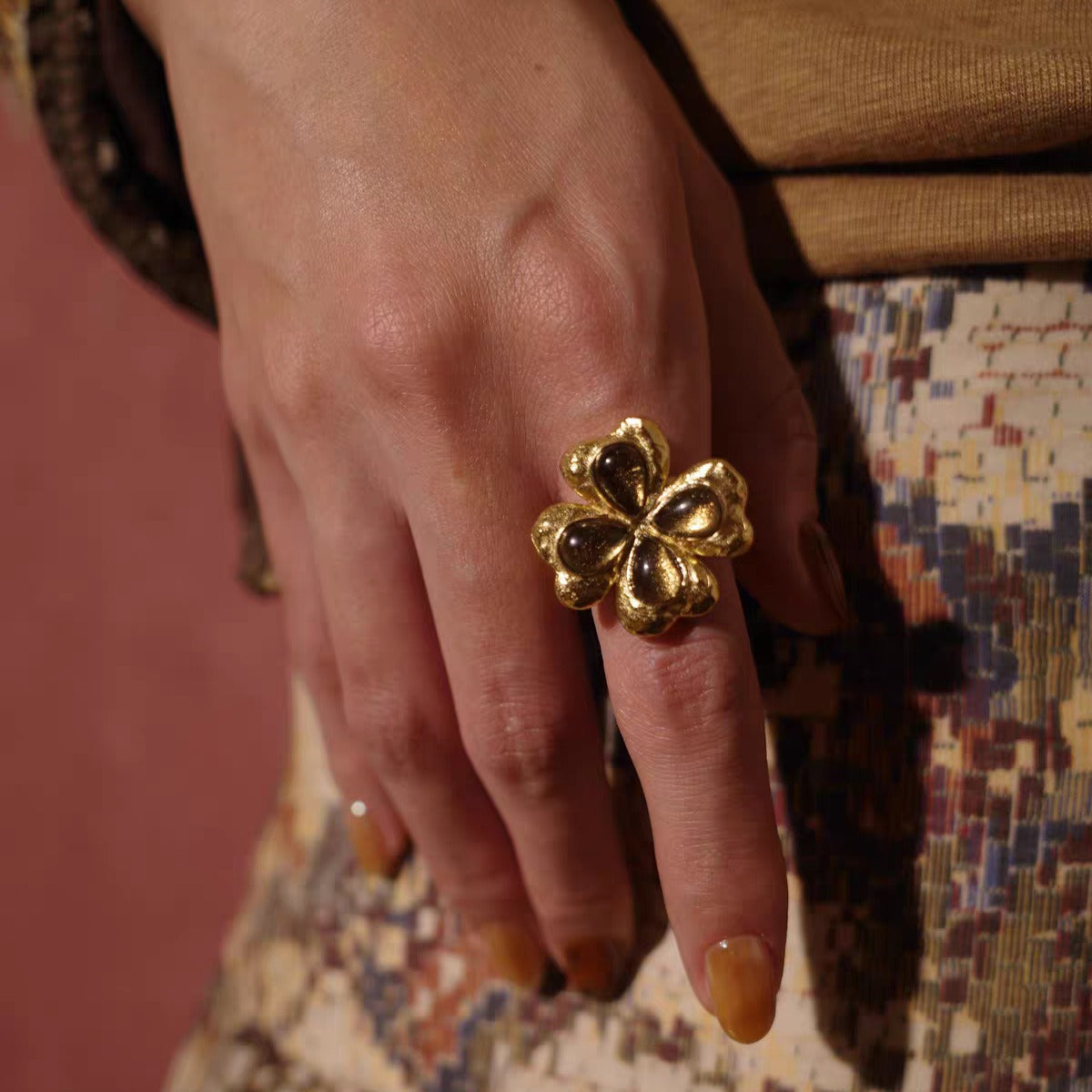 Caivera Gold Plated Brass Ring Set – Clover Ring and Cuff Ring