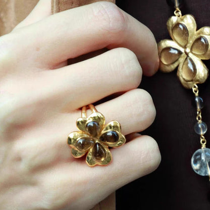 Caivera Gold Plated Brass Ring Set – Clover Ring and Cuff Ring