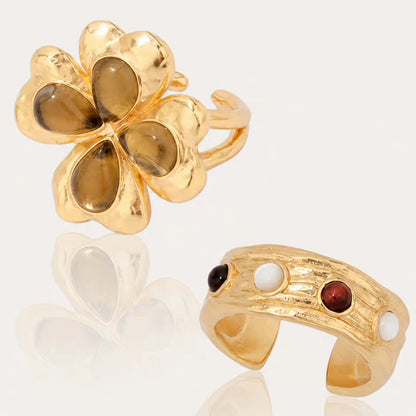 Caivera Gold Plated Brass Ring Set – Clover Ring and Cuff Ring