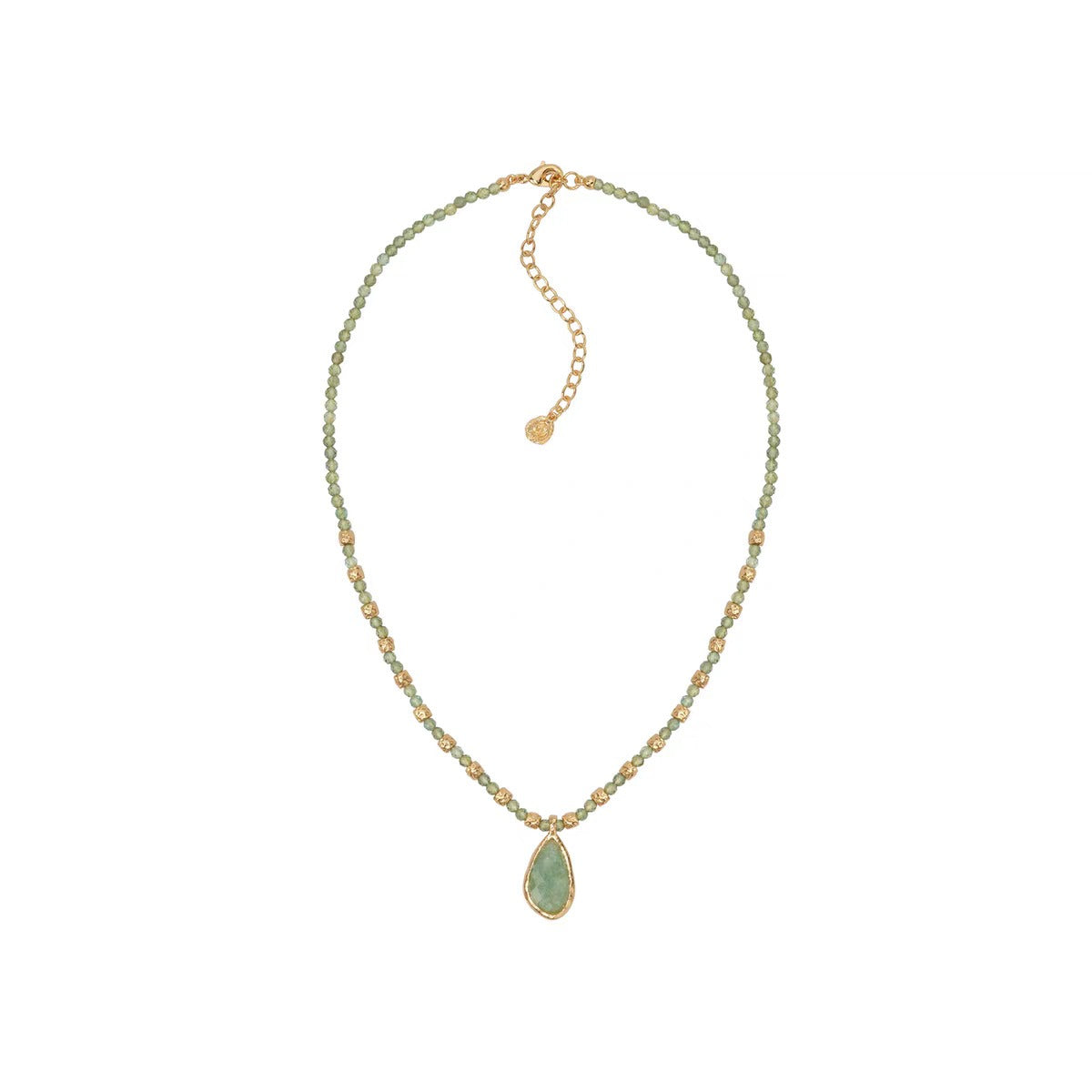 Caivera Plated Brass Beaded Teardrop Necklace – Green, Gray, 16.5 inch + 3 inch Extender