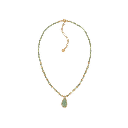 Caivera Plated Brass Beaded Teardrop Necklace – Green, Gray, 16.5 inch + 3 inch Extender