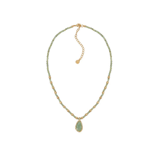 Caivera Plated Brass Beaded Teardrop Necklace – Green, Gray, 16.5 inch + 3 inch Extender