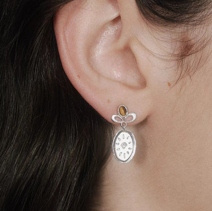 Caivera Silver Plated Brass Oval Drop Earrings – Engraved Medal, 0.8 x 0.4 inch