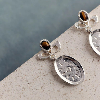 Caivera Silver Plated Brass Oval Drop Earrings – Engraved Medal, 0.8 x 0.4 inch