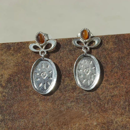 Caivera Silver Plated Brass Oval Drop Earrings – Engraved Medal, 0.8 x 0.4 inch
