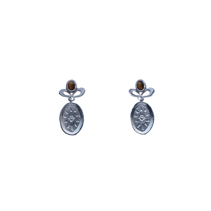 Caivera Silver Plated Brass Oval Drop Earrings – Engraved Medal, 0.8 x 0.4 inch