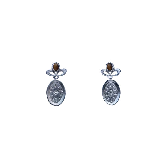 Caivera Silver Plated Brass Oval Drop Earrings – Engraved Medal, 0.8 x 0.4 inch