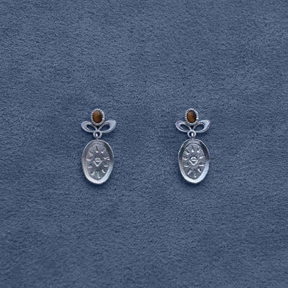 Caivera Silver Plated Brass Oval Drop Earrings – Engraved Medal, 0.8 x 0.4 inch